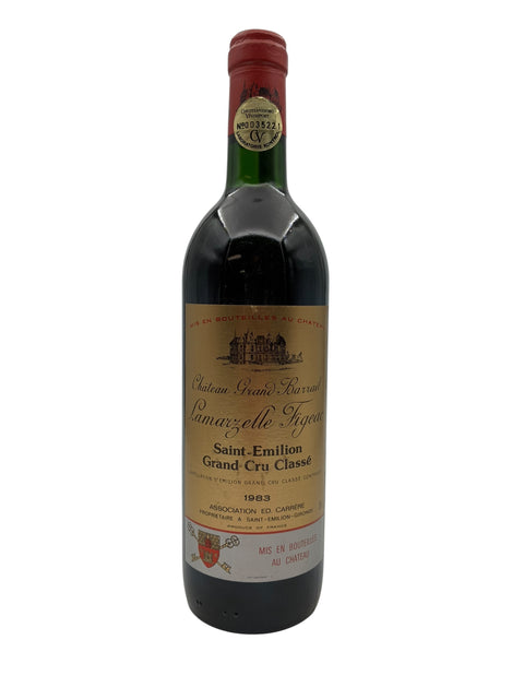 Pullo Lamarselle Figeac Château Grand Barrail 1983 punaviiniä