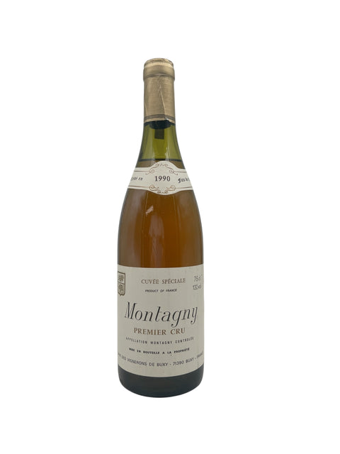 Pullo Montagny Premier Cru Les Vignerons de Buxy 1990 valkoviiniä