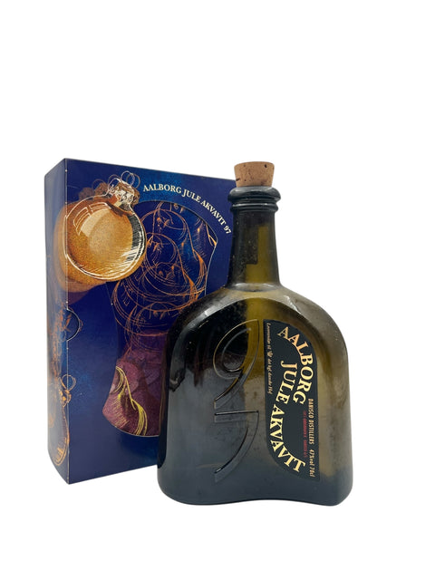 Pullo Aalborg Christmas Aquavitia vuodelta 1997 alkuperäispakkauksessa
