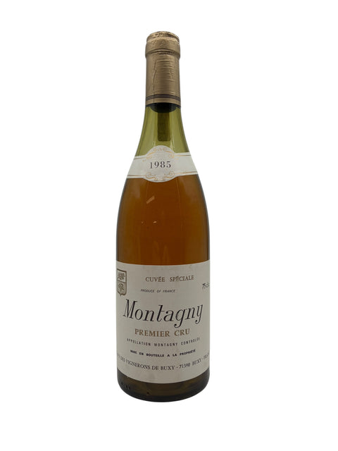 Pullo Montagny Premier Cru -valkoviiniä vuodelta 1985