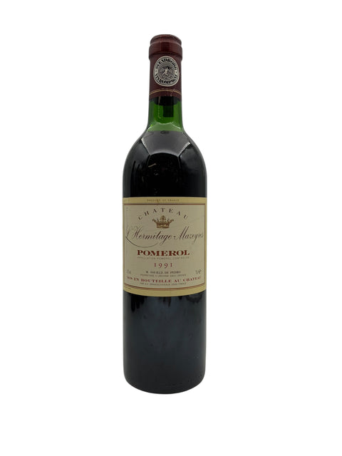 Pullo L'Hermitage Mazeyres Pomerol 1991 punaviiniä