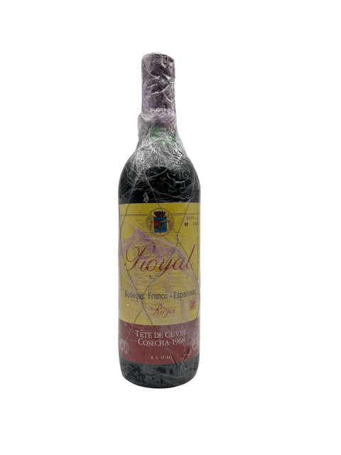 Pullo Royal Bodegas Franco Españolas 1968 punaviiniä muoviin käärittynä