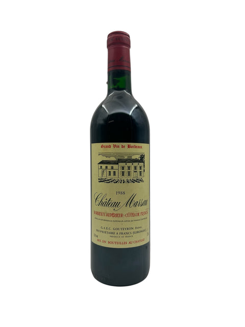 Pullo Château Marsau 1988 punaviiniä Bordeaux'sta
