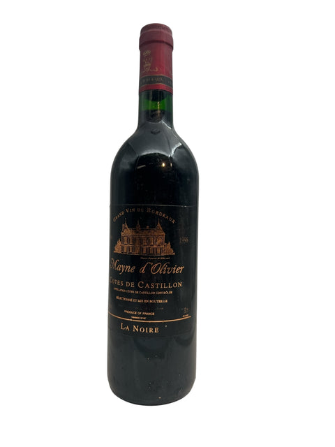 Pullo Mayne d'Olivier La Noire 1998 punaviiniä Côtes de Castillonista
