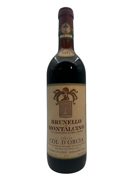 Pullo Brunello di Montalcino Col d'Orcia 1971 punaviiniä